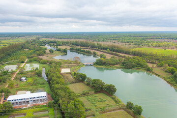 Fototapeta premium Aerial top view of a garden park with green forest trees, river, pond or lake. Nature landscape background, Thailand.