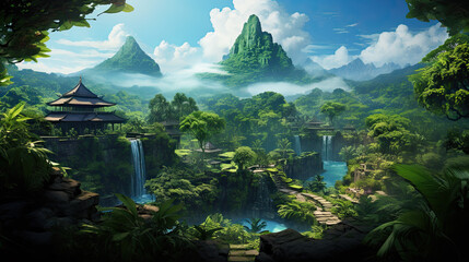 Hillside in Indonesia, Ubud, temple in the distance, mountains, green landscape