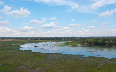 Aerial top view of a garden park with green forest trees, river, pond or lake. Nature landscape background, Thailand.