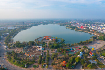 Aerial view of local residential neighborhood roofs. Urban housing development from above. Top view. Real estate in Isan, Khon Kaen urban city town, Thailand. Property real estate.