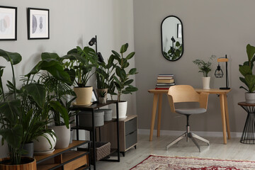 Cozy room interior with stylish furniture, houseplants and decor elements