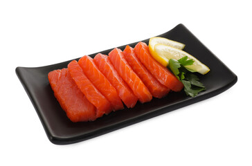 Delicious salmon sashimi served with lemon and parsley isolated on white