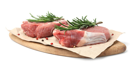 Fresh raw meat with rosemary and spices isolated on white