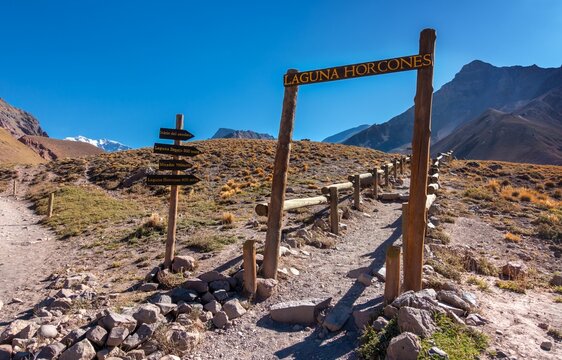 Laguna Horcones Trailhead Table Sign with Directions, Mount Aconcagua Provincial Park Landscape.  Scenic Andes Mountain Range Hiking, Mendoza Argentina
