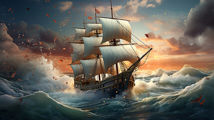Fantasy ship on the ocean, ocean waves, high fantasy art, epic scenery, digital illustration - obrazy, fototapety, plakaty