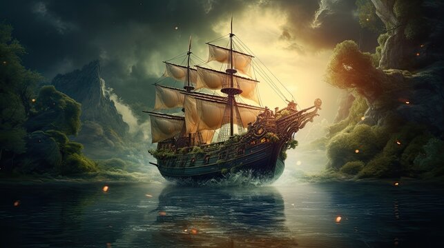 Fantasy ship on a river in the forest surrounded by hills, high fantasy art, epic scenery, digital illustration