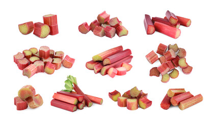 Set with fresh rhubarb stalks isolated on white