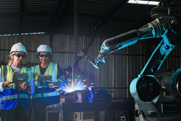 factory engineers using smart control to control the arm robot machine for cutting the metal sheet....