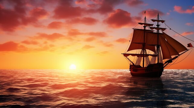 Vintage sailboat on the sea sunset background