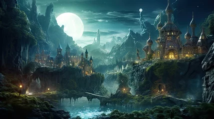 Fototapete Fantasielandschaft Enchanting fantasy village in the forest at night, surreal landscape, moon, land bridge