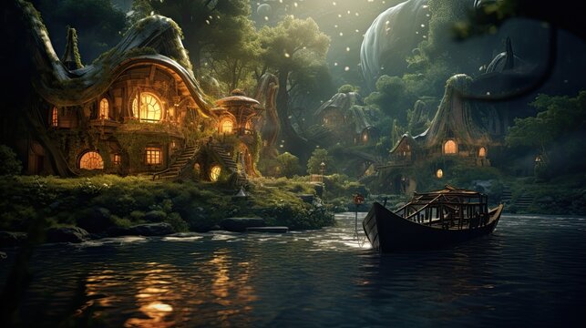 Enchanting fantasy village in the forest at night, reflected in the water, boat on a river, fantasy scenery