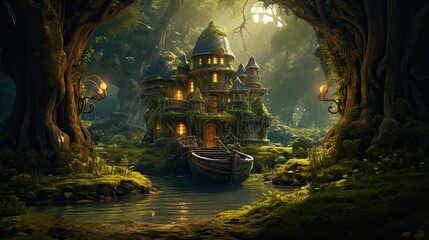 Obraz premium Enchanting fantasy village in the forest, boat on a river, high fantasy art, forest landscape