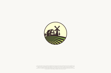The Organic farm house concept logo with landscape. Farming badge Label for natural products. Vector illustration