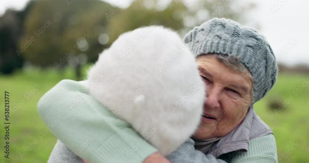 Poster Smile, love and senior friends hugging in a park for bonding on a walk for fresh air together. Nature, happy and elderly women in retirement embracing for care, connection or reunion at a garden.