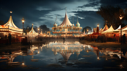 Obraz premium A moonlit carnival midway with empty rides casting eerie reflections 