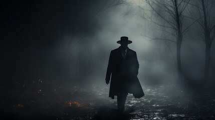A shadowy figure in a top hat and trench coat disappearing into mist  