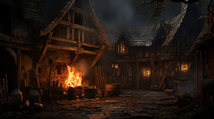 A derelict witch's cottage with a cauldron still simmering over a crackling fire  