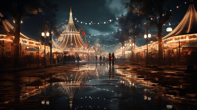 A moonlit carnival midway with empty rides casting eerie reflections  