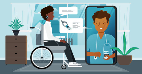 Una paciente en silla de ruedas en una videollamada con su médico. - obrazy, fototapety, plakaty