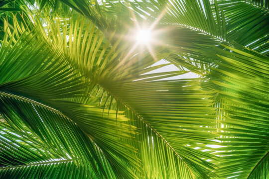 The dazzling light of the sun plugs through the gap between the leaves of the green palm tree is the scenery of the summer beach. travel concept suitable for holidays and vacations.