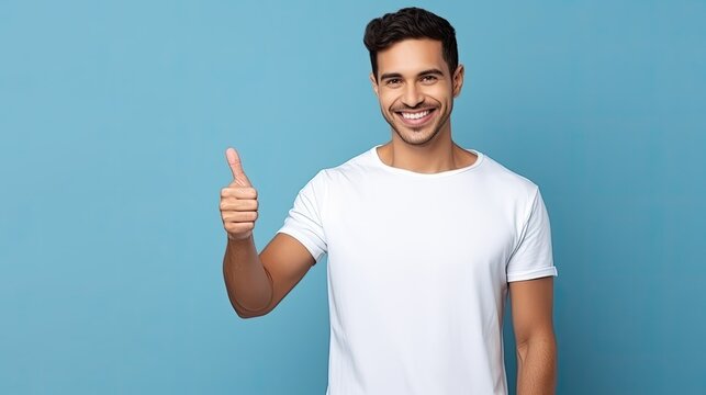 mage of young handsome man with beard wearing white t shirt isolated over blue background pointing with finger to present a product