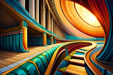 abstract geometry shapes flowing into each other, bright vivid colors, futuristic architectural design and concept created with generative ai technology