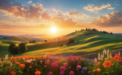 A landscape of rolling hills and vibrant flowers.