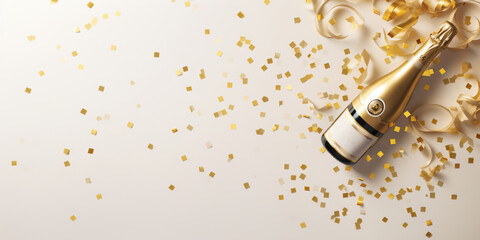 Celebration background with golden champagne bottle, confetti stars and party streamers. Christmas, birthday or wedding concept - Generative AI