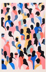 A Crowd of different men and women in a beautiful Gouache style risograph - Screenprint style poster artwork — PORTRAIT High Res 