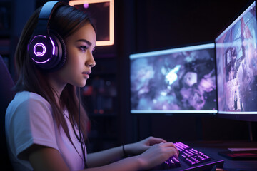 Girl playing a video game at night, sitting in front of her gaming pc with a headset - Generative AI - obrazy, fototapety, plakaty