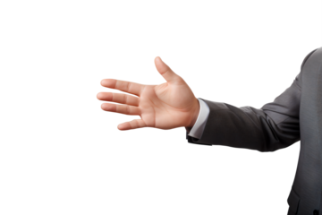 Business man holding out his hand on a transparent background - Generative AI