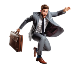 Businessman with a briefcase jumping an obstacle on a transparent background - Generative AI