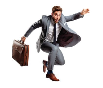 Businessman with a briefcase jumping an obstacle on a transparent background - Generative AI - Powered by Adobe