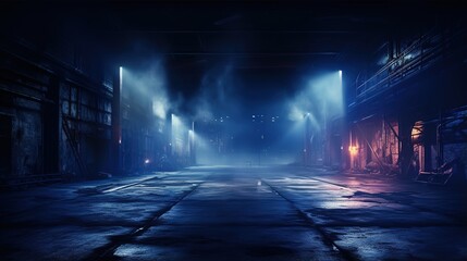 Dark street, wet asphalt, reflections of rays in the water. Abstract dark blue background, smoke, smog. Empty dark scene, neon light, spotlights. generative ai