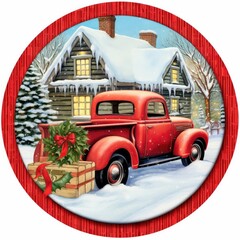 Red truck carrying Christmas tree through a snowy landscape, Merry Christmas Truck wreath sign, Christmas wreath sign, Merry Xmas wreath, Wreath sign, Christmas truck, Christmas landscape, Door decor
