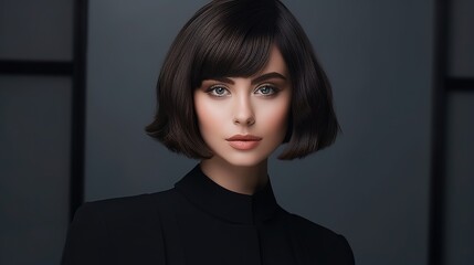 Beautiful brunette woman with natural makeup wear fashion pantsuit. Strict graphic bob haircut. generative ai
