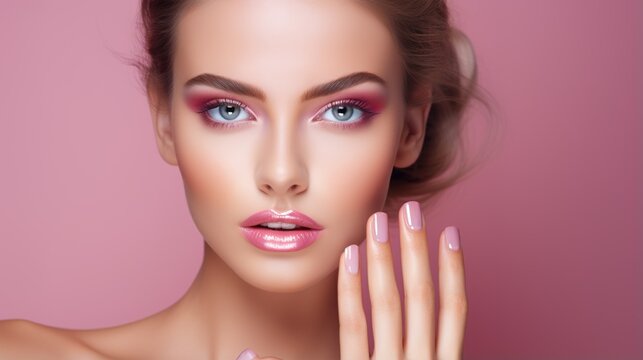 Gorgeous model with French manicure nails. Woman's fashion makeup and hand care cosmetics. Treatment for the face. Cosmetology, beauty, and spa services are available. Skin treatment. generative ai