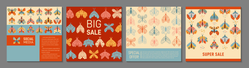 Butterfly moth cover or square card mystical boho design set. Retro bohemian insects pattern flyer, notebook planner with ornament. Brochure social media catalog. Decorative magic moth page background © neliakott