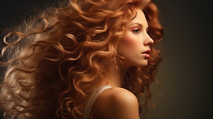 Fototapeta premium Radiant Redhead: Captivating portrait of a beautiful woman with a cascade of vibrant, flowing red hair against a dark background, evoking elegance and a sense of inner glow.