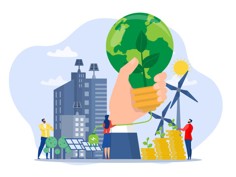 Team Business invest with ESG or ecology problem concept, business invest energy sources. Preserving resources of planet. Cartoon modern flat vector illustration