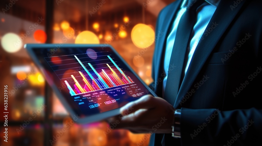Poster person typing on a digital tablet computer with graph and analysis. generative ai