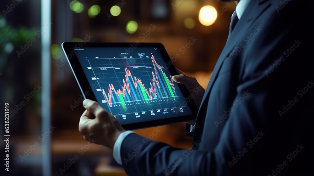 Poster person typing on a digital tablet computer with graph and analysis. generative ai