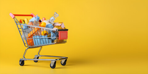 Shopping cart full of garbage on yellow background with copy space. Consumerism. Buying junk