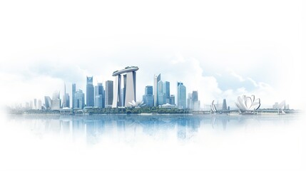 Fototapeta premium Cityscape Reflection: A modern cityscape, reflecting in the serene water. The iconic building stands out, with a unique architectural design, capturing the essence of urban sophistication.