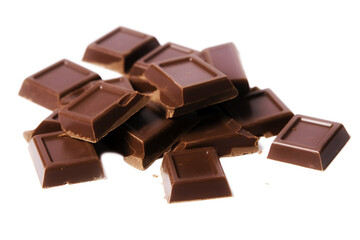 close-up photo of chocolate bars broken and stacked on a white background