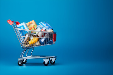 Shopping cart full of garbage on blue background with copy space. Consumerism. Buying junk - obrazy, fototapety, plakaty