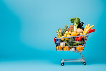 Shopping cart full of groceries on blue background with copy space. Consumerism
