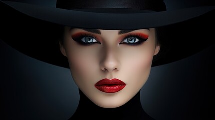 Elegant Woman Face Portrait hidden by Black Hat. Beauty Fashion Model with Red Lips and Eye Make up over dark Gray Background. generative ai