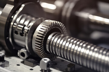 An intimate view of a precision ball screw nestled amidst a bustling factory floor, enveloped by an array of cutting-edge machinery and equipment.