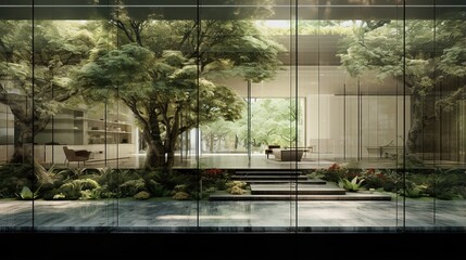 Fototapeta premium Architectural Harmony: A modern glass building seamlessly merges with the lush natural environment, creating a tranquil space filled with light and greenery.
